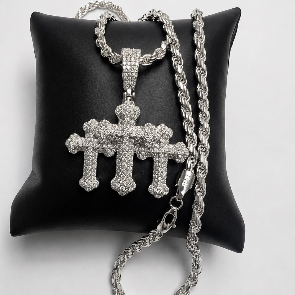925 Sterling Silver 2.75CT MOISSANITE Triple Cross Men’s Necklace Size 22”